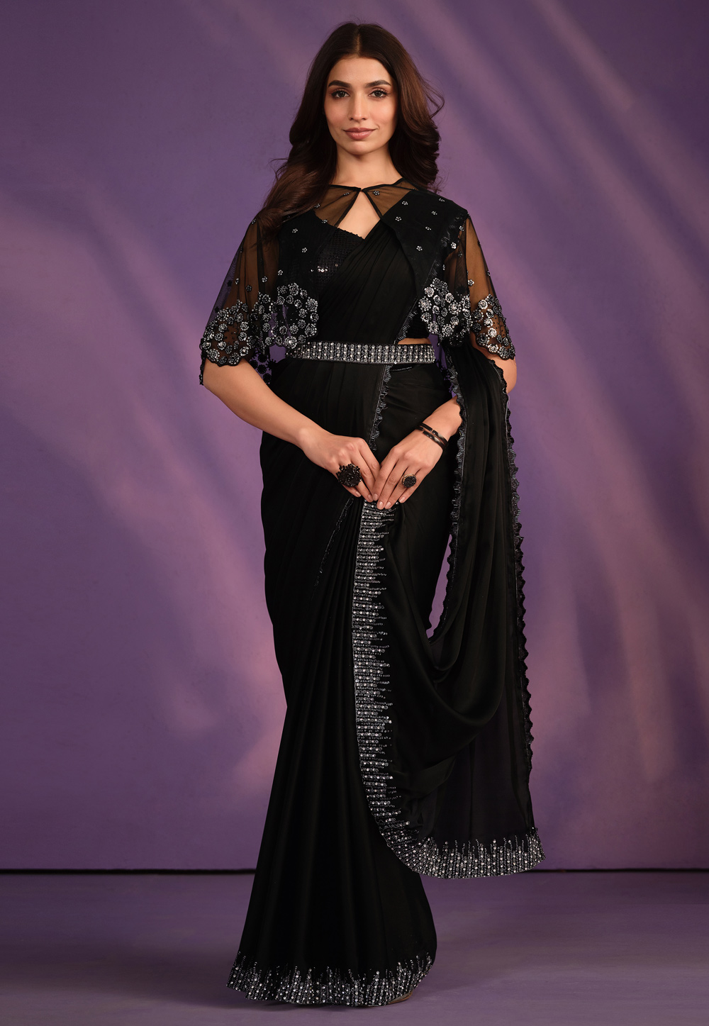 Black Crepe Lehenga Saree 310846