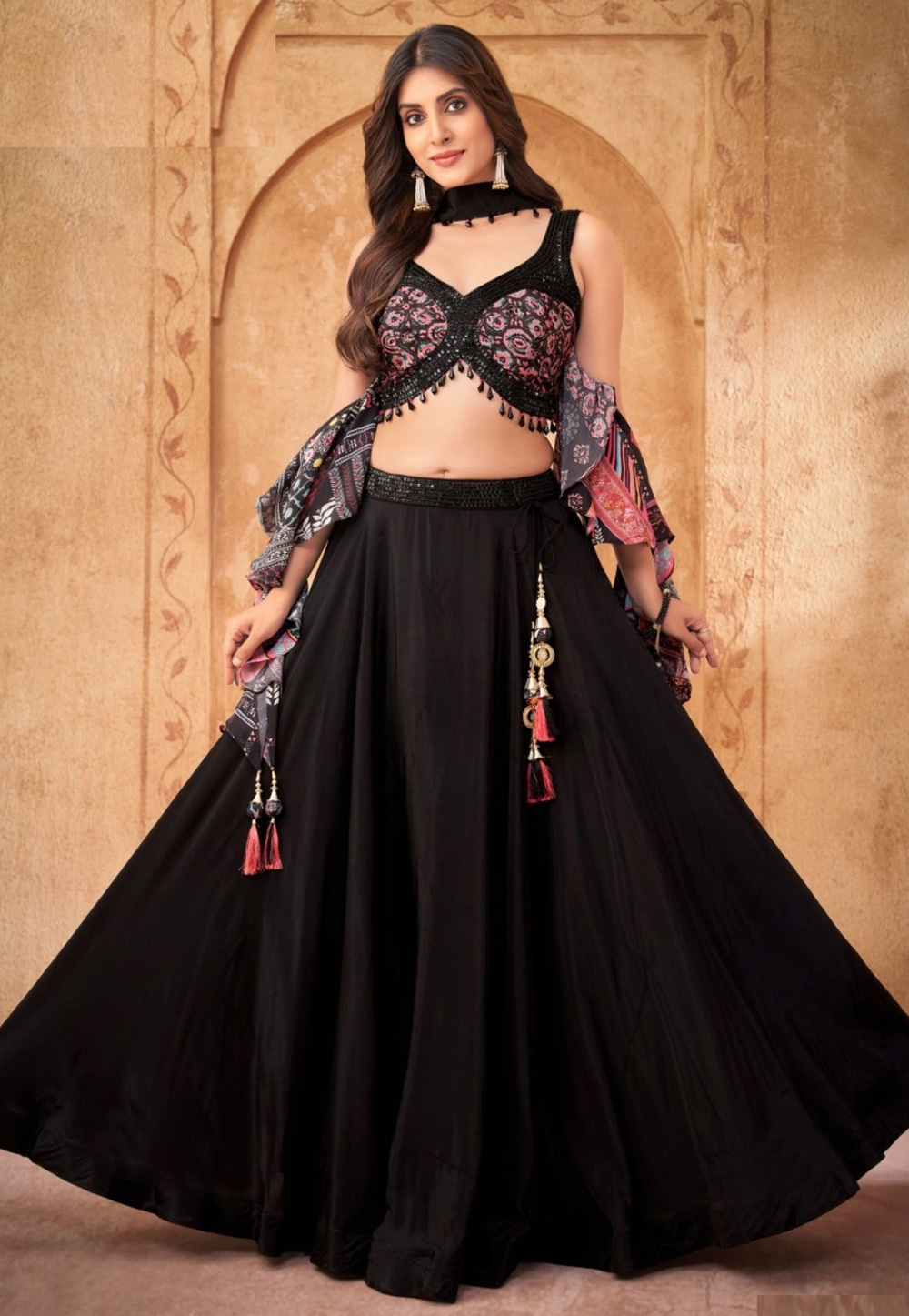 Black Crepe Readymade Lehenga Choli 305059