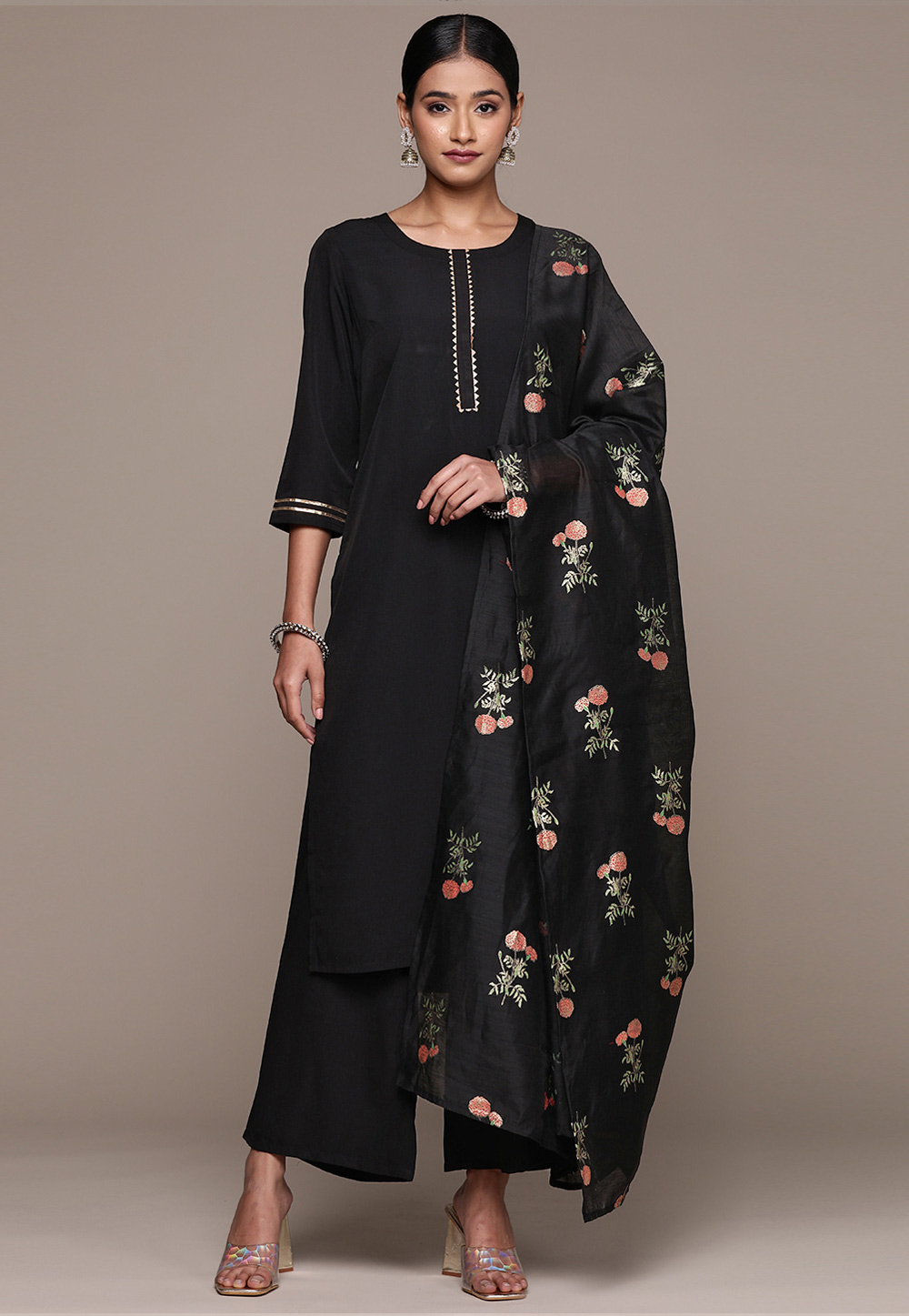 Black Crepe Readymade Pakistani Suit 305580