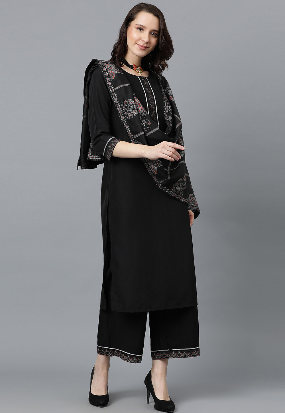 Black Crepe Readymade Pakistani Suit 305582