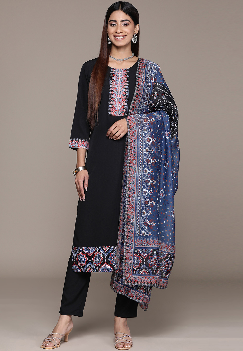 Black Crepe Readymade Pakistani Suit 305379