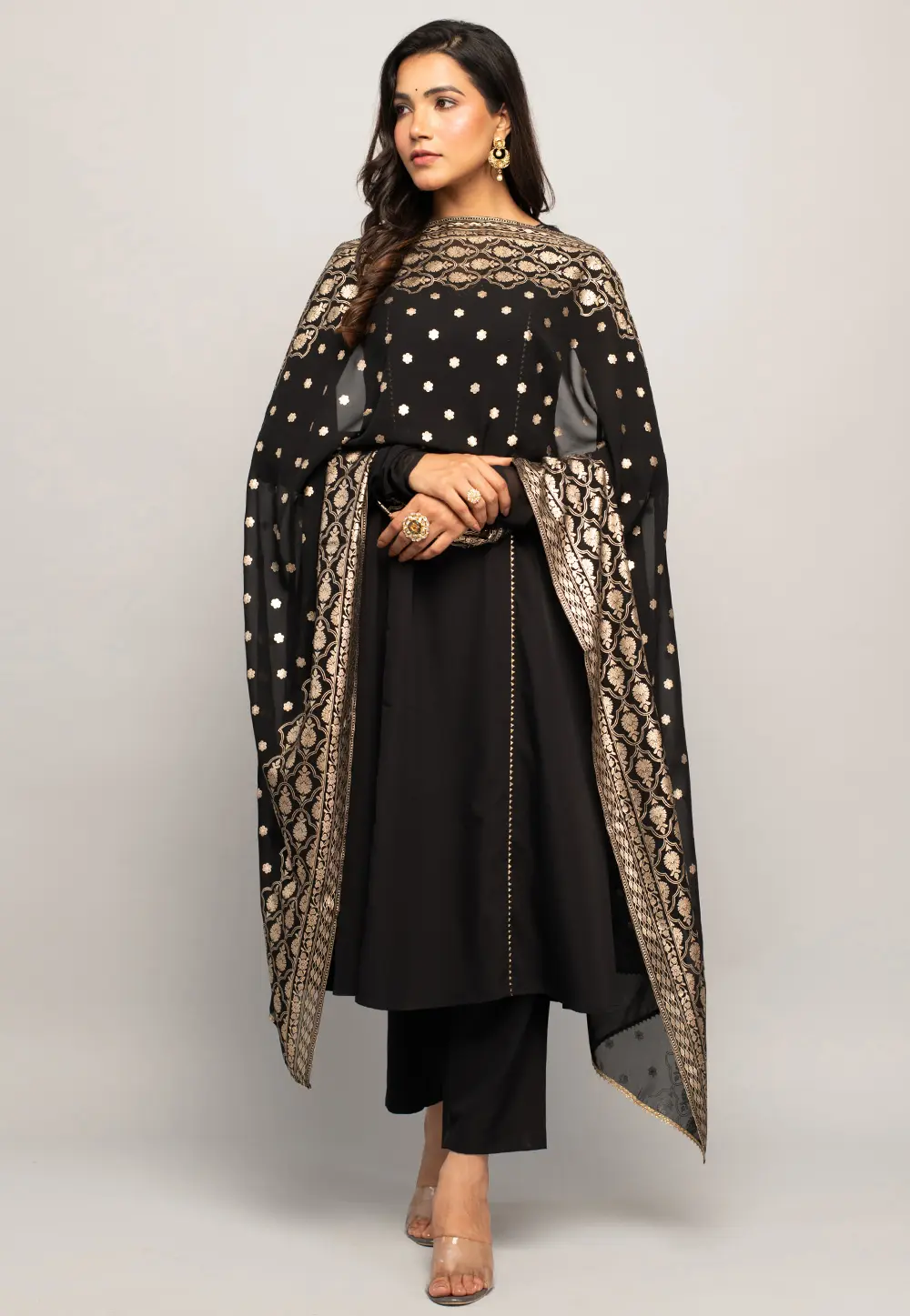 Black Crepe Readymade Pakistani Suit 301380