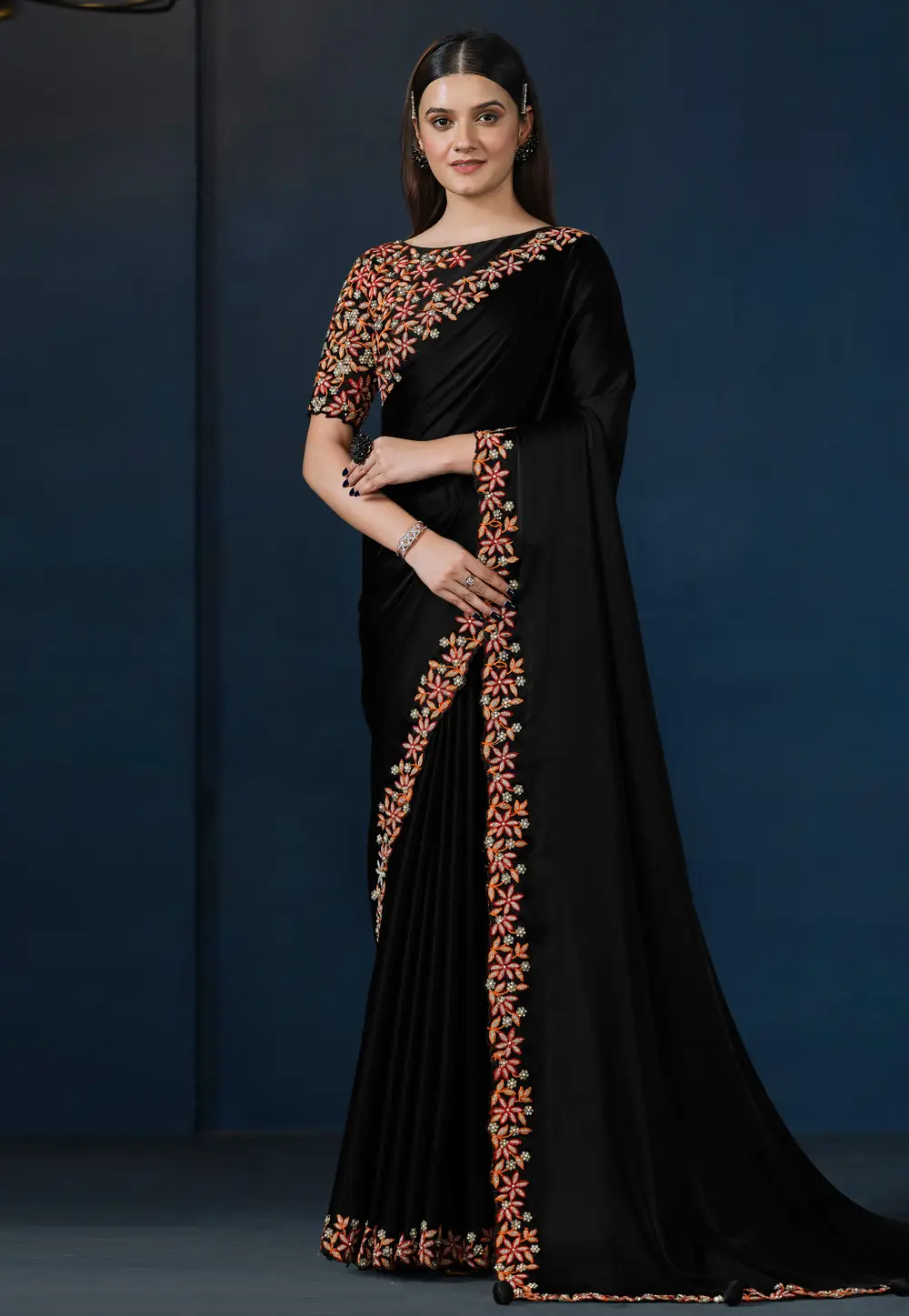 Black Crepe Saree With Blouse 296819