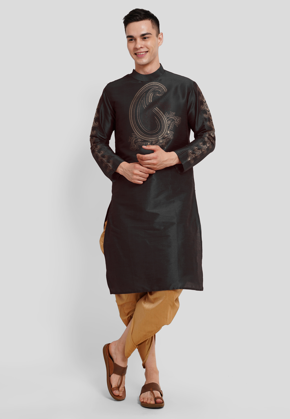 Black Dupion Silk Dhoti Kurta 286735