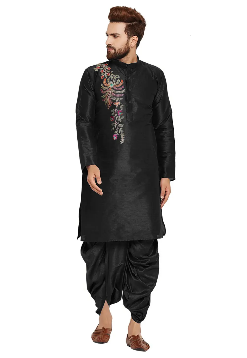 Black Dupion Silk Dhoti Kurta 303402