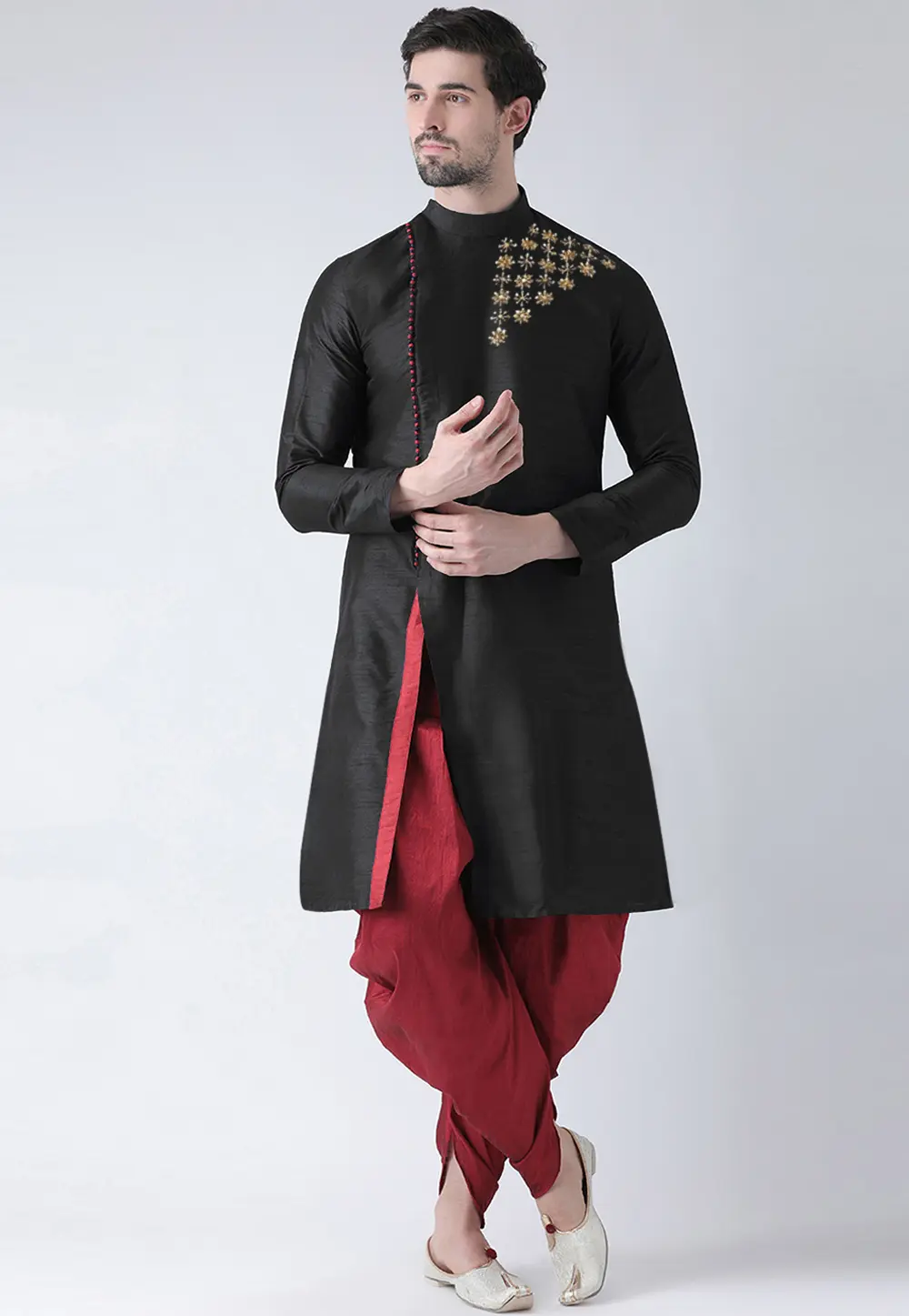 Black Dupion Silk Dhoti Kurta 304465