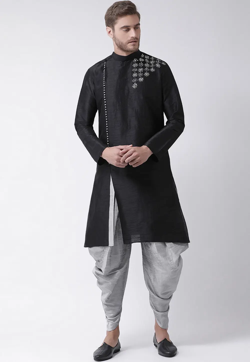 Black Dupion Silk Dhoti Kurta 304472