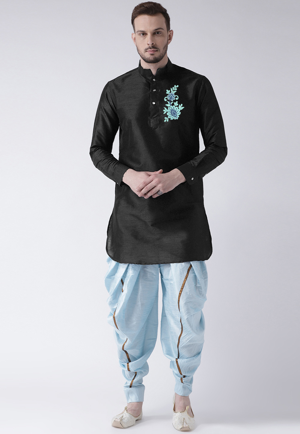 Black Dupion Silk Dhoti Kurta 304879