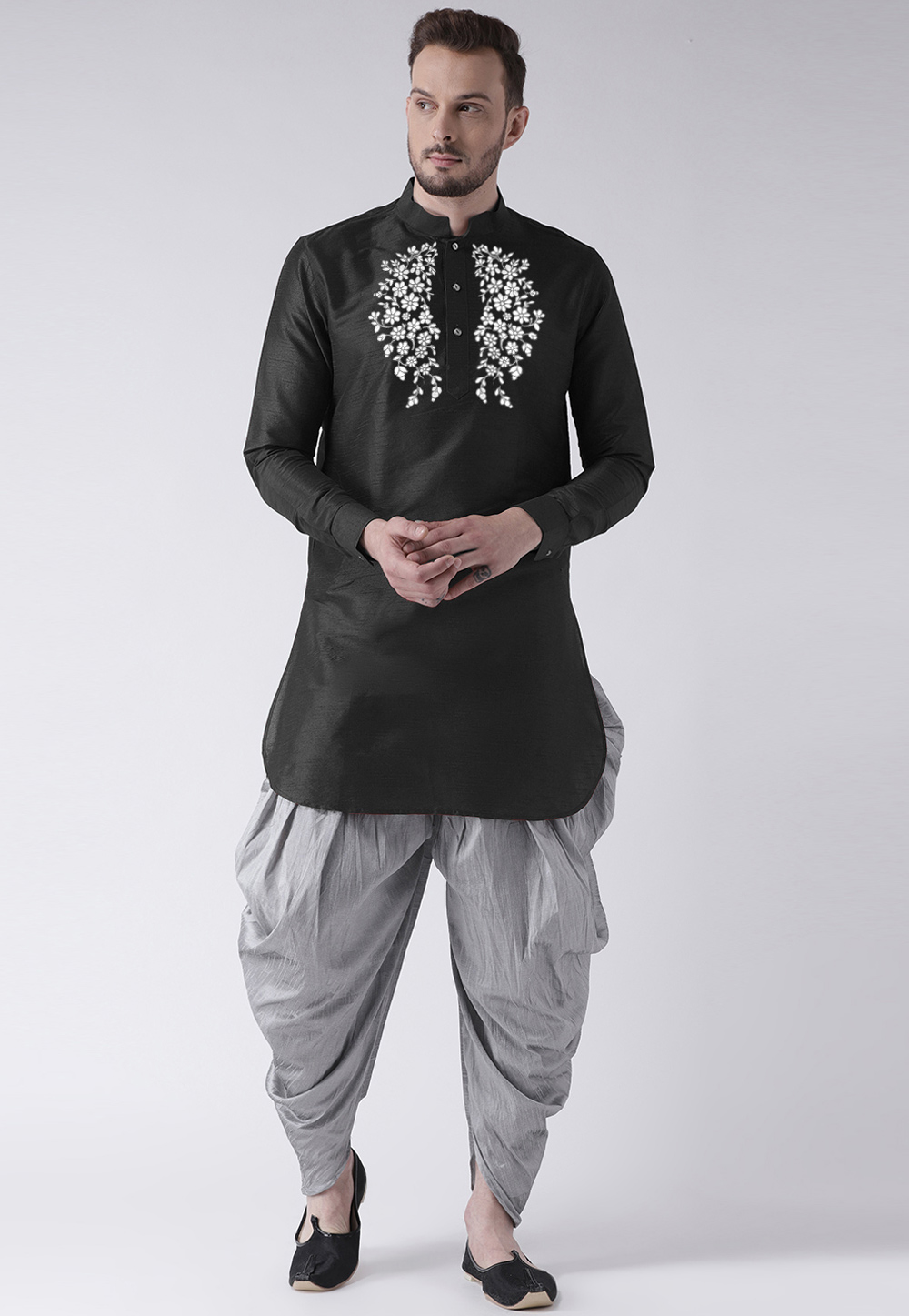 Black Dupion Silk Dhoti Kurta 304884