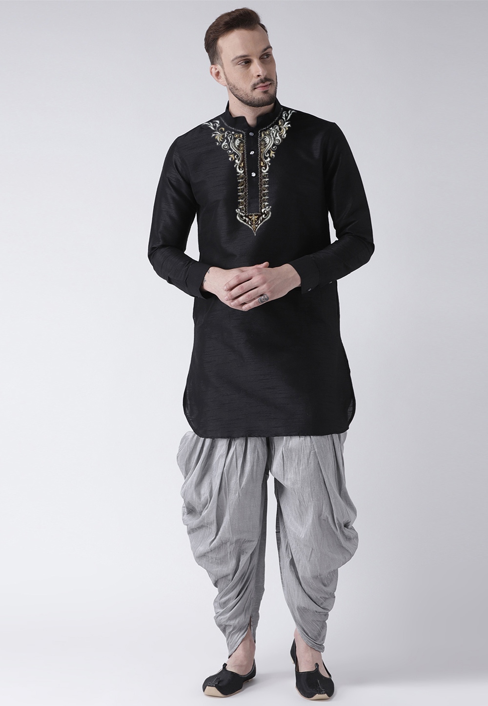 Black Dupion Silk Dhoti Kurta 304893