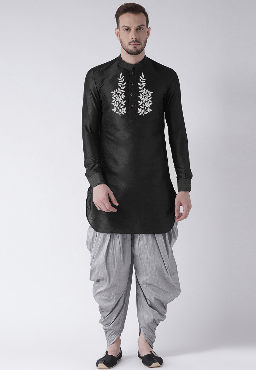 Black Dupion Silk Dhoti Kurta 304895