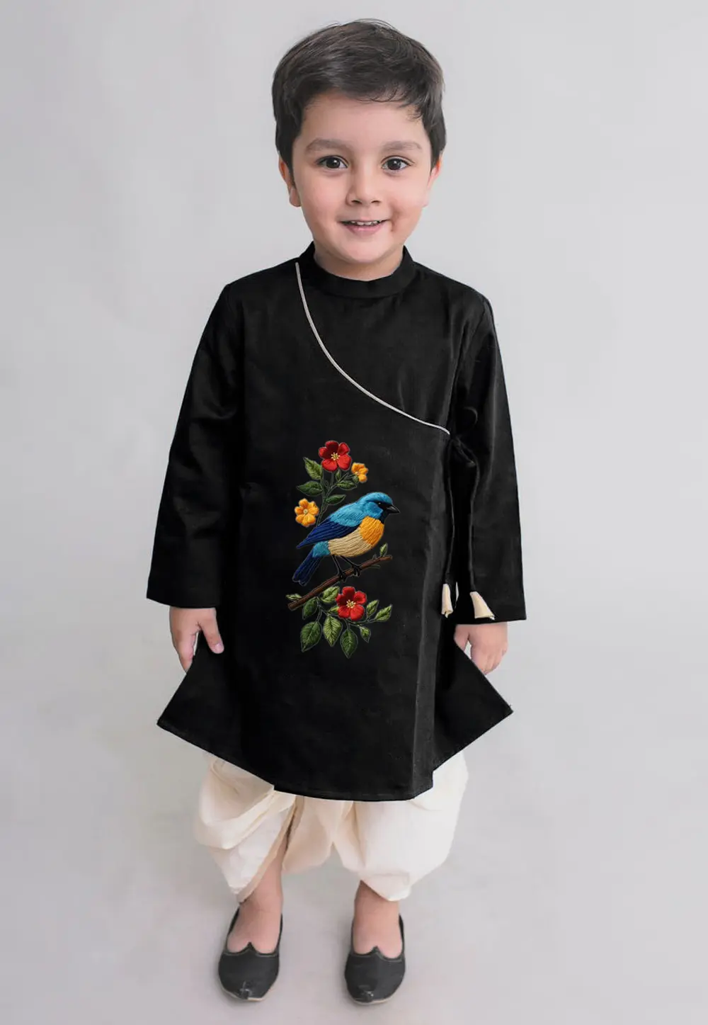 Black Dupion Silk Kids Dhoti Kurta 302090