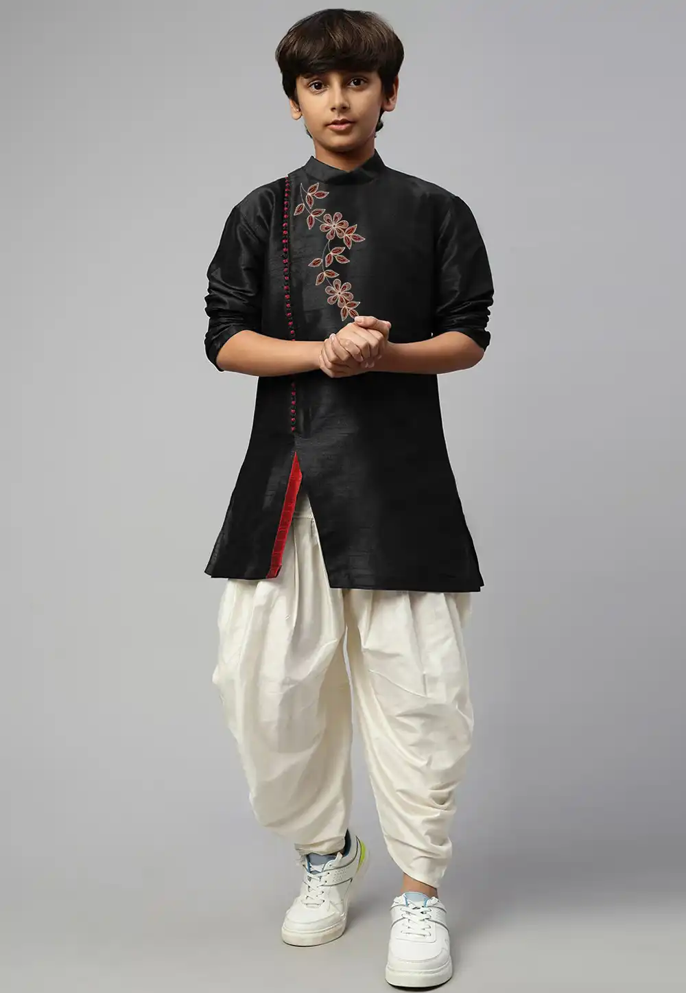 Black Dupion Silk Kids Dhoti Kurta 289204