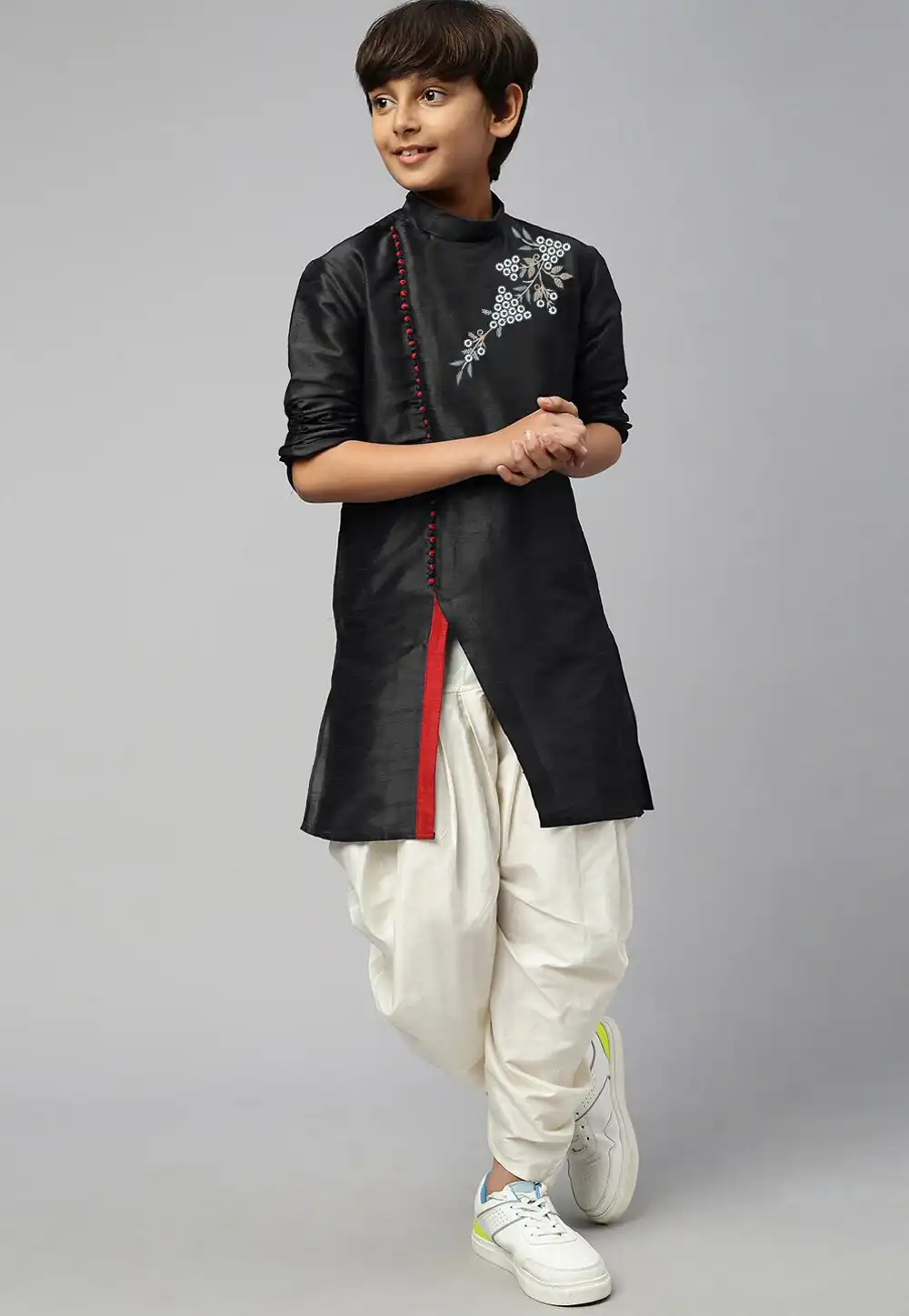 Black Dupion Silk Kids Dhoti Kurta 289207