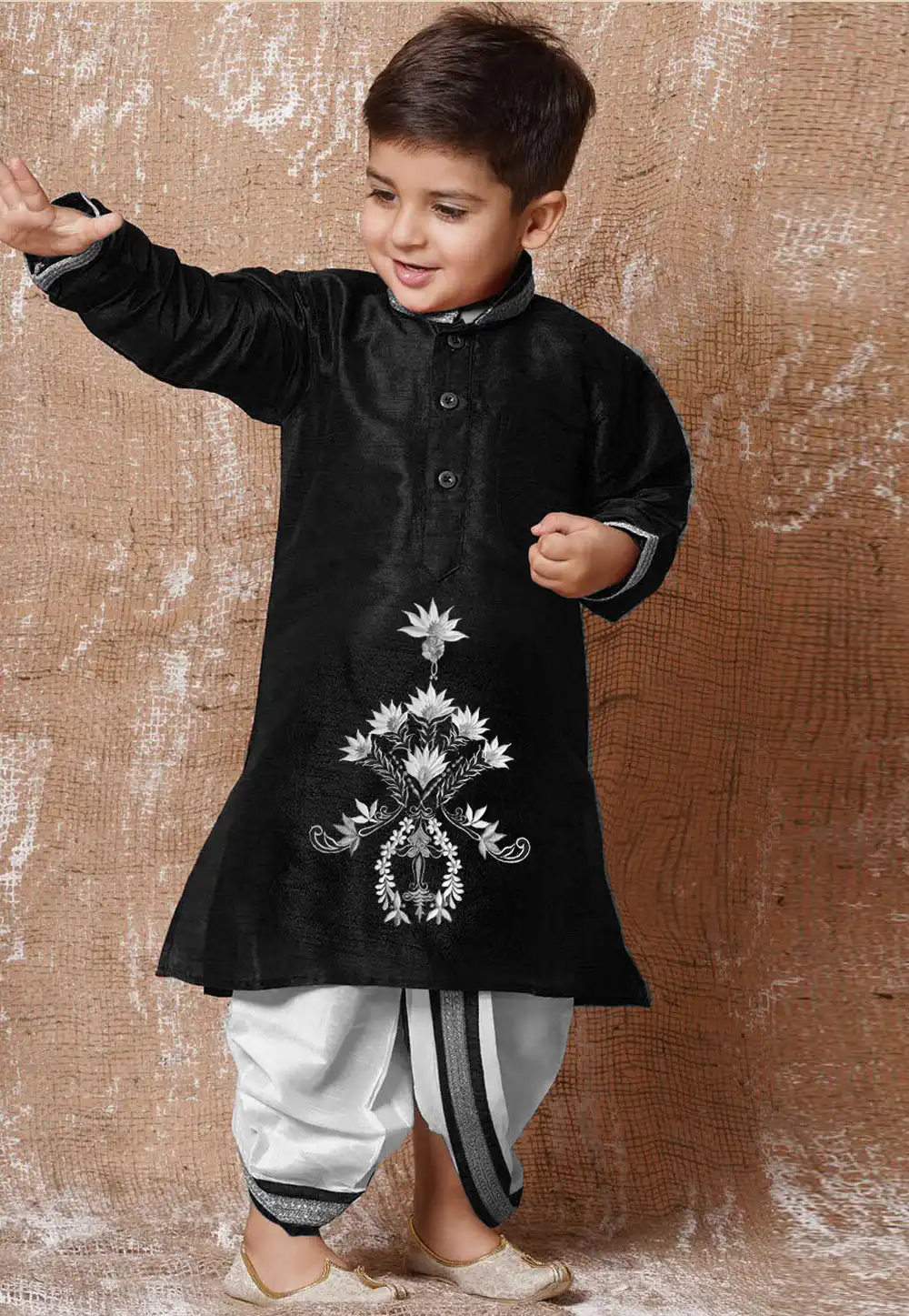 Black Dupion Silk Kids Dhoti Kurta 289248