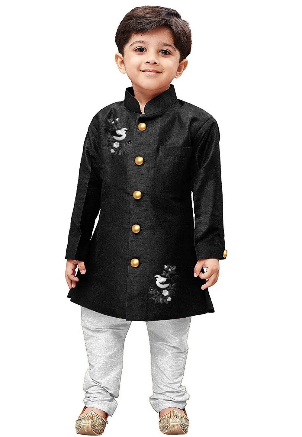 Black Dupion Silk Kids Kurta Pajama 301805