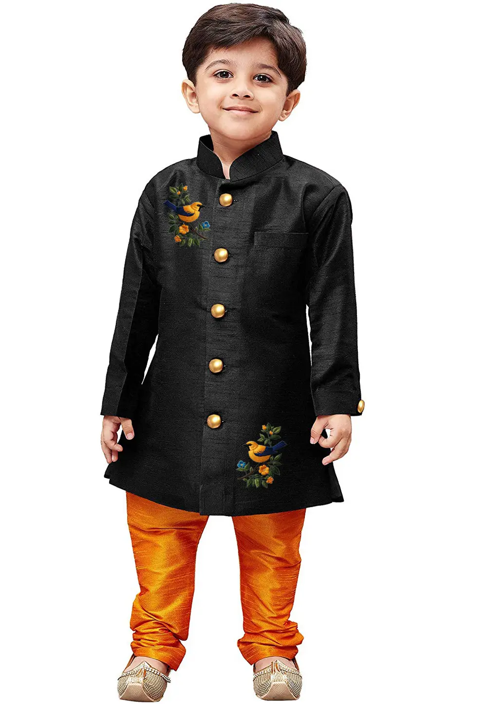 Black Dupion Silk Kids Kurta Pajama 301806