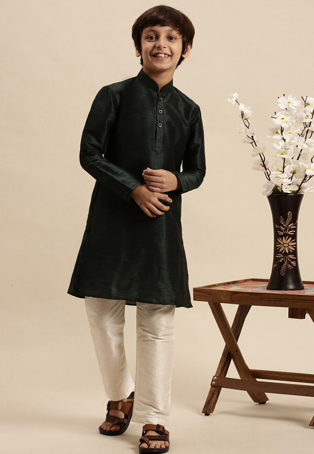 Black Dupion Silk Kids Kurta Pajama 286558