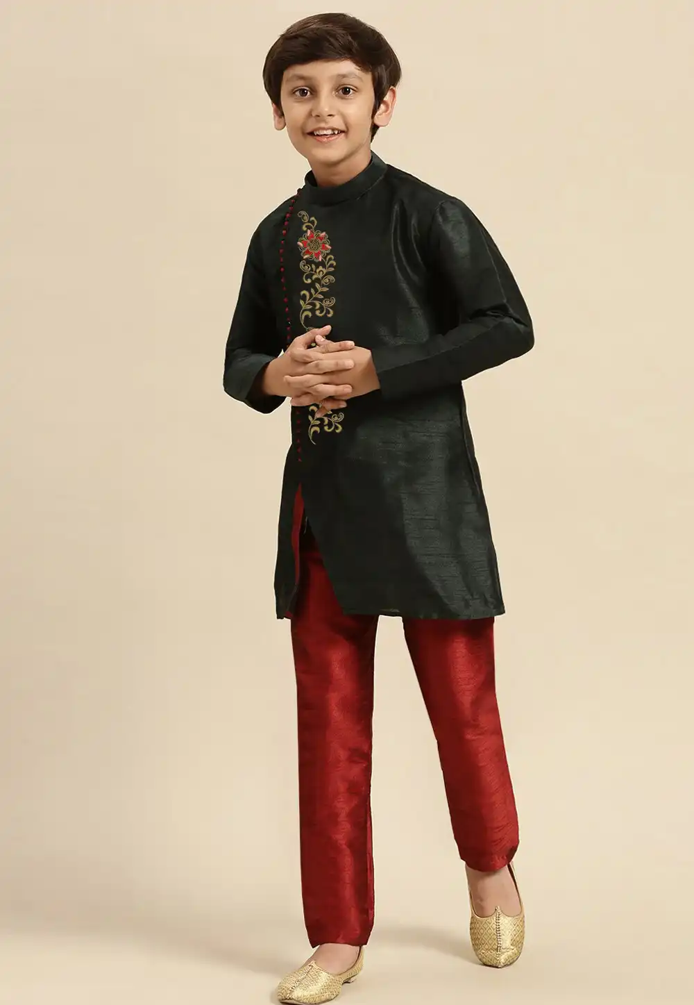 Black Dupion Silk Kids Kurta Pajama 288308