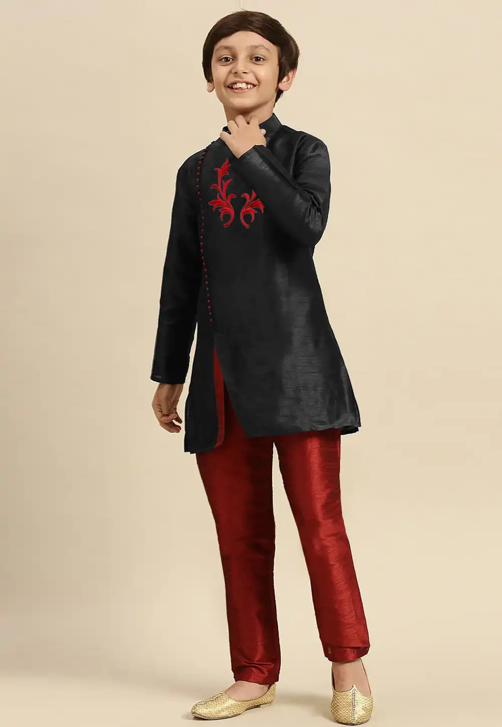 Black Dupion Silk Kids Kurta Pajama 289224