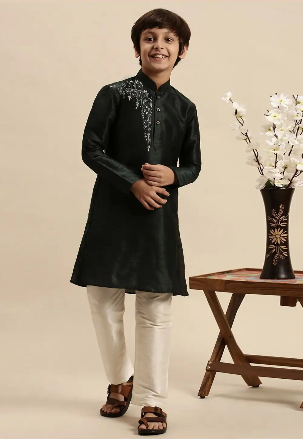 Black Dupion Silk Kids Kurta Pajama 288317