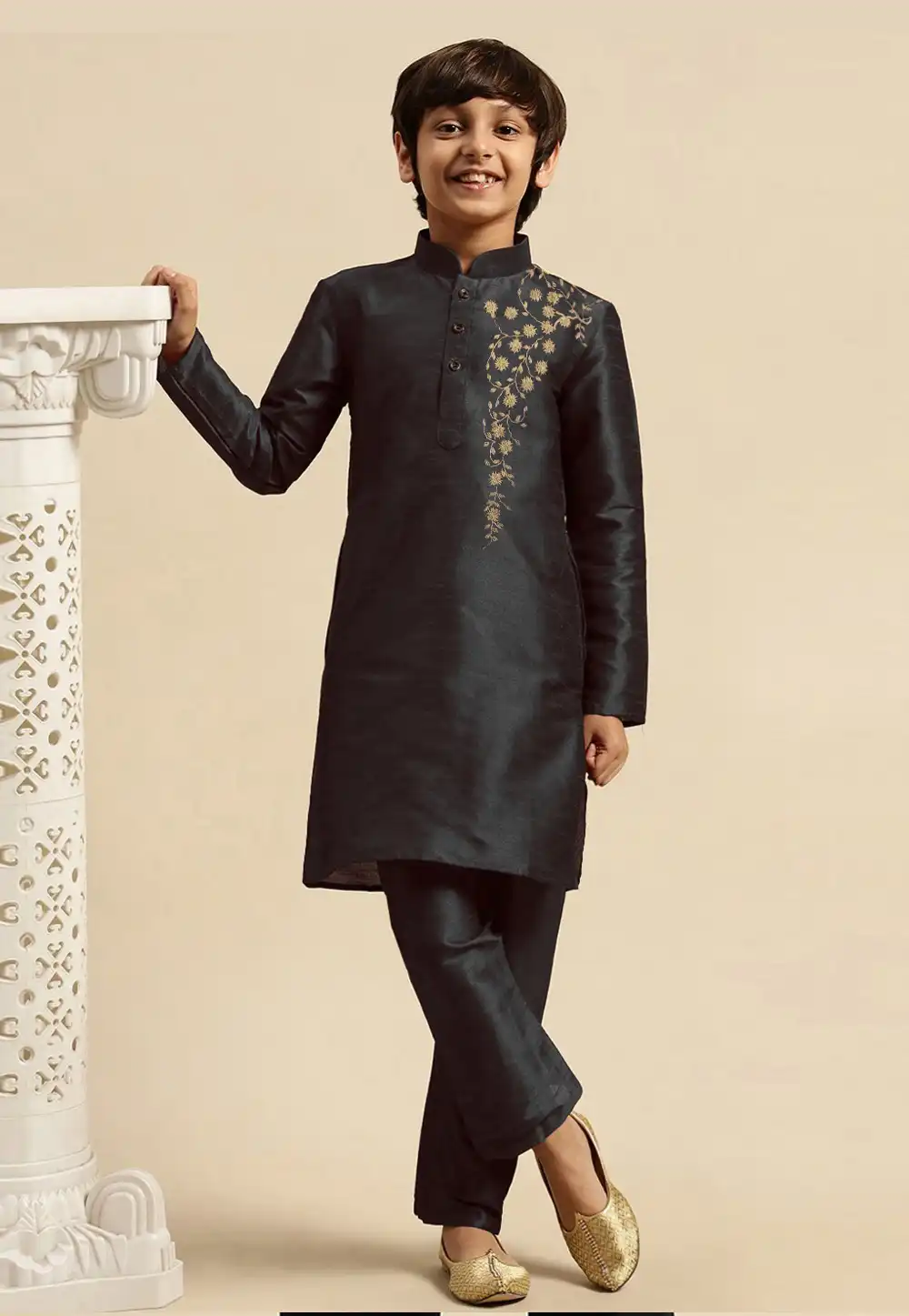 Black Dupion Silk Kids Kurta Pajama 289228