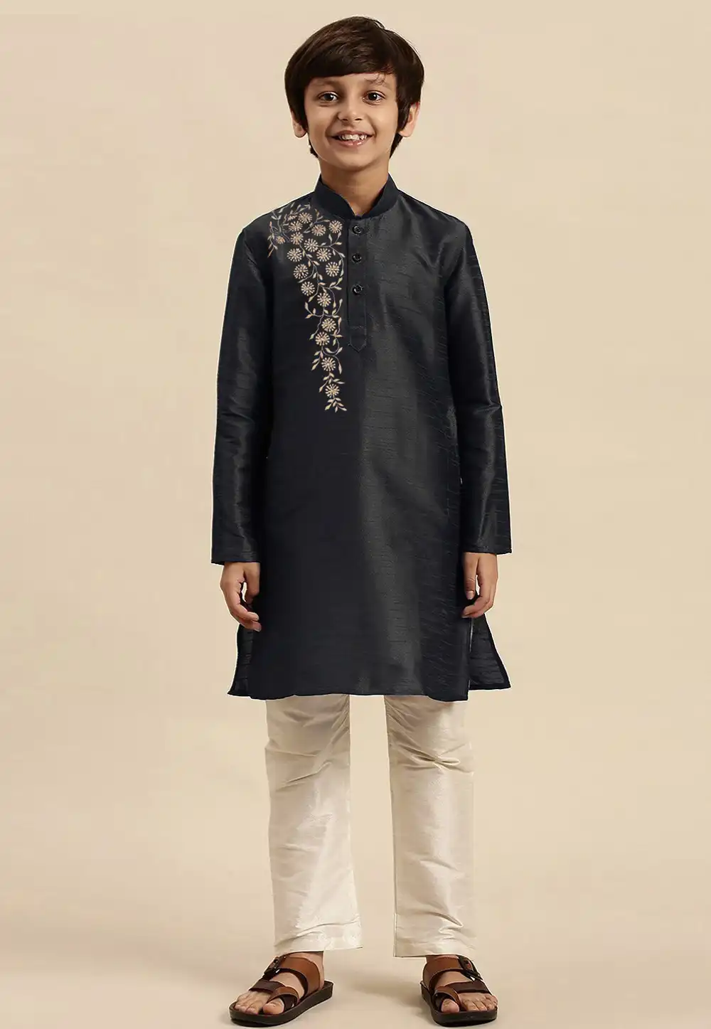 Black Dupion Silk Kids Kurta Pajama 289235