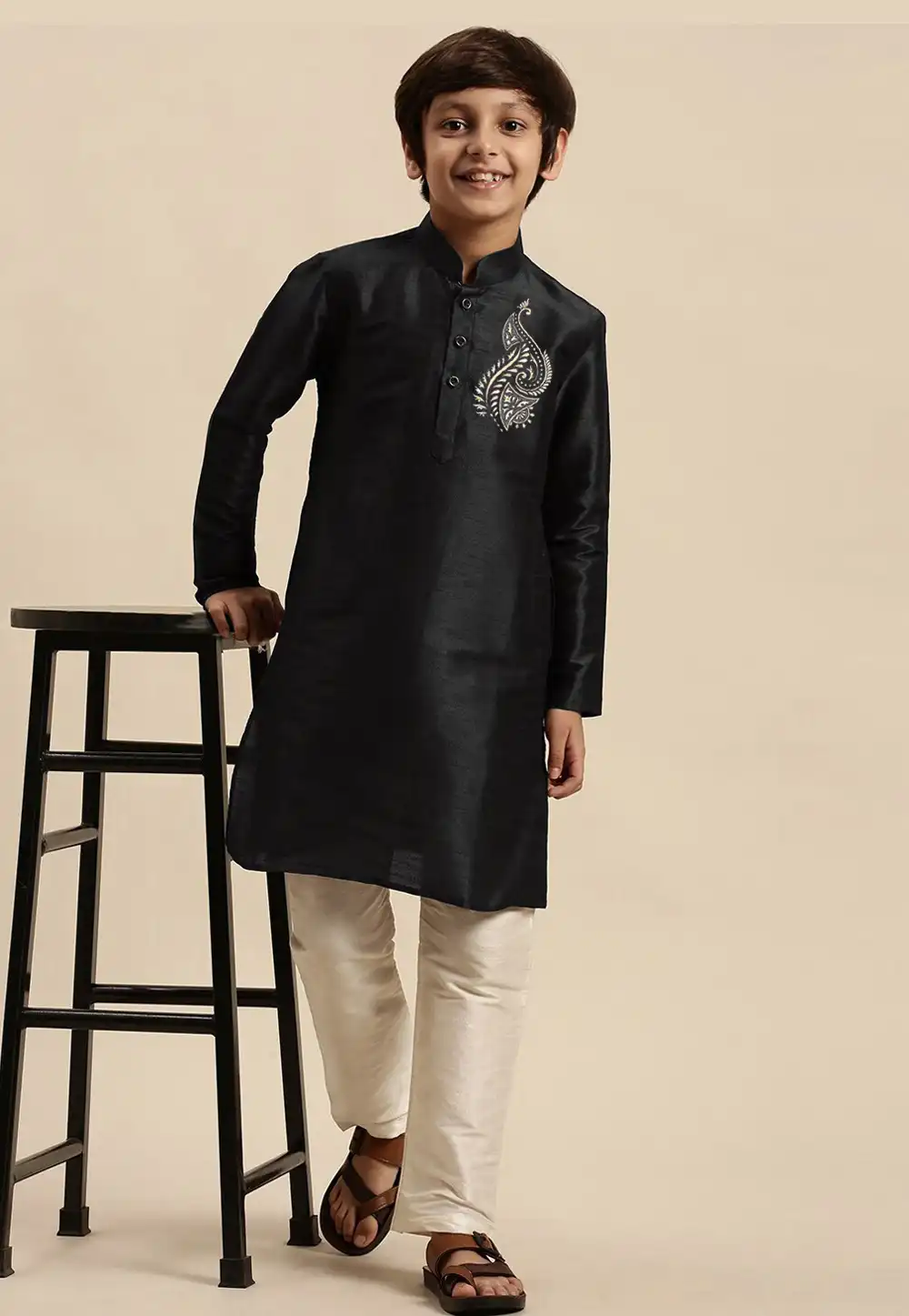 Black Dupion Silk Kids Kurta Pajama 289241