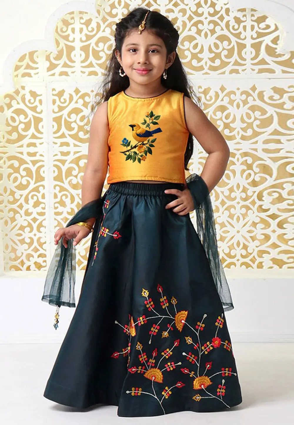 Black Dupion Silk Kids Lehenga Choli 301854