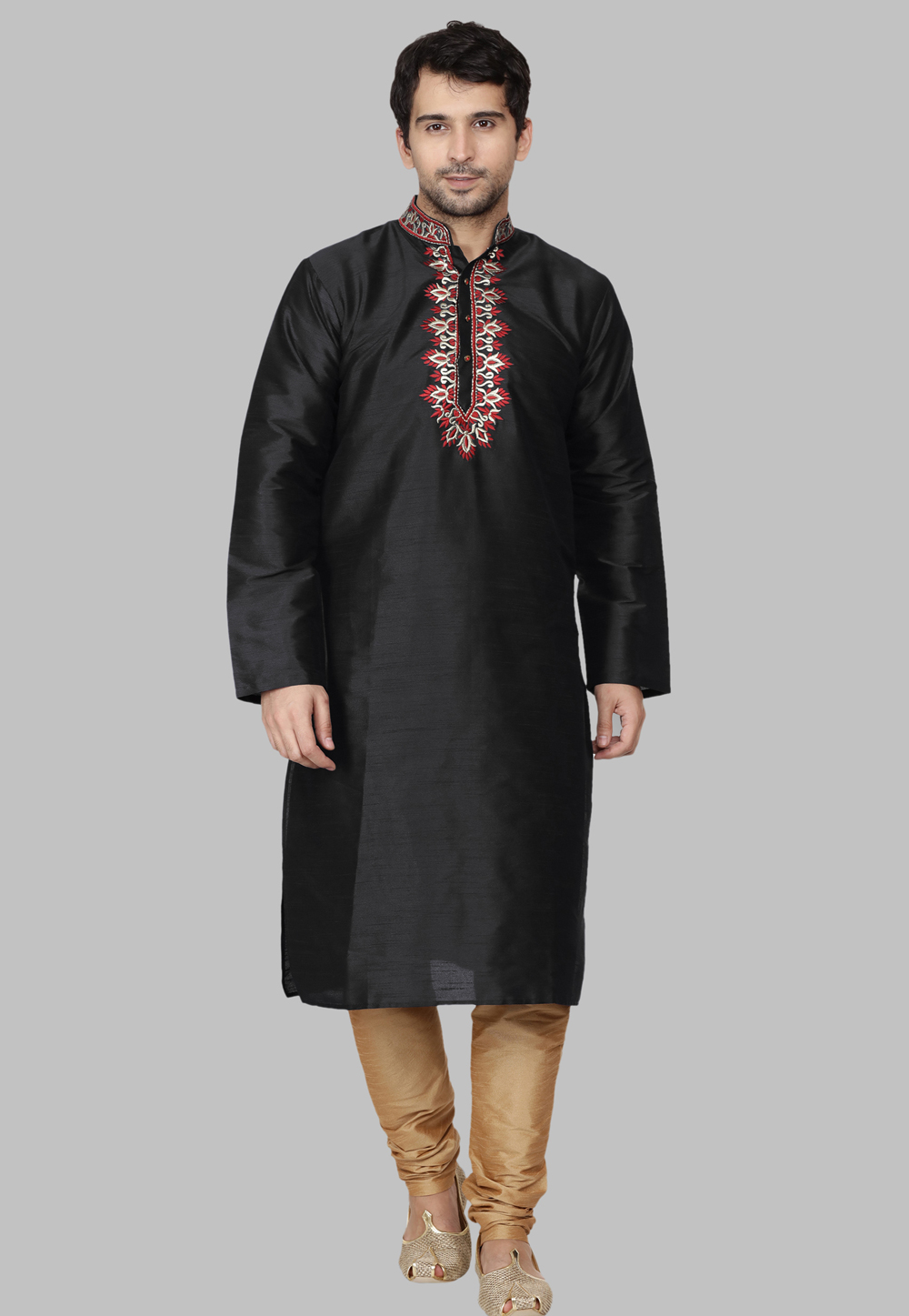 Black Dupion Silk Kurta Pajama 286726