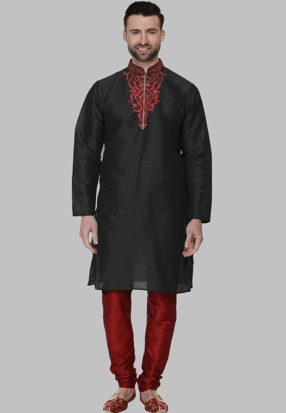 Black Dupion Silk Kurta Pajama 286730