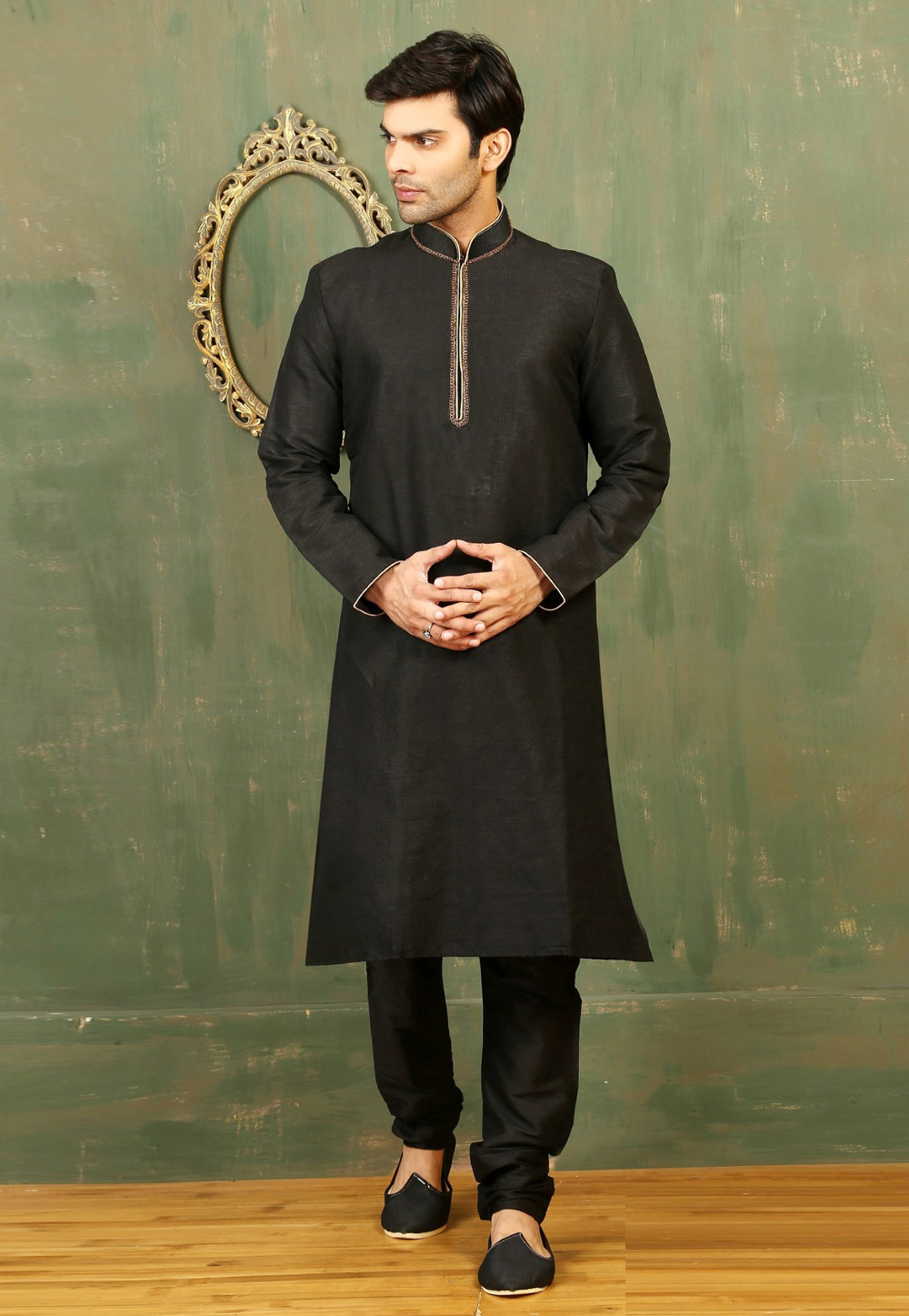 Black Dupion Silk Kurta Pajama 310787