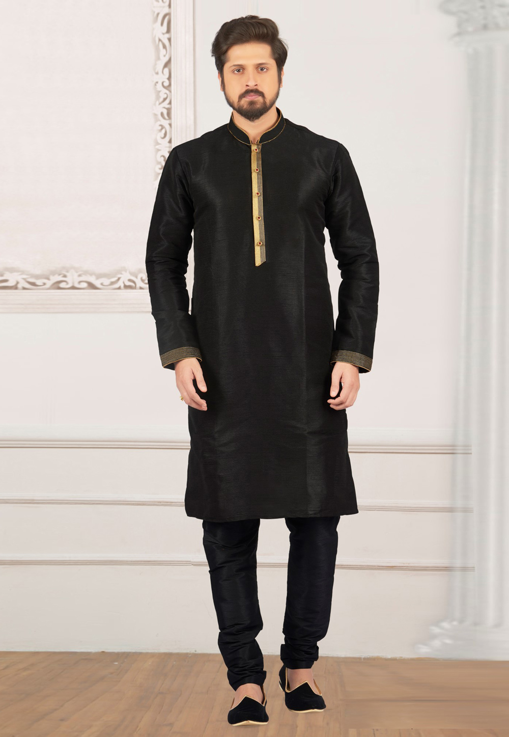 Black Dupion Silk Kurta Pajama 310792
