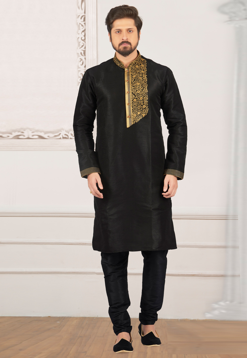 Black Dupion Silk Kurta Pajama 279426