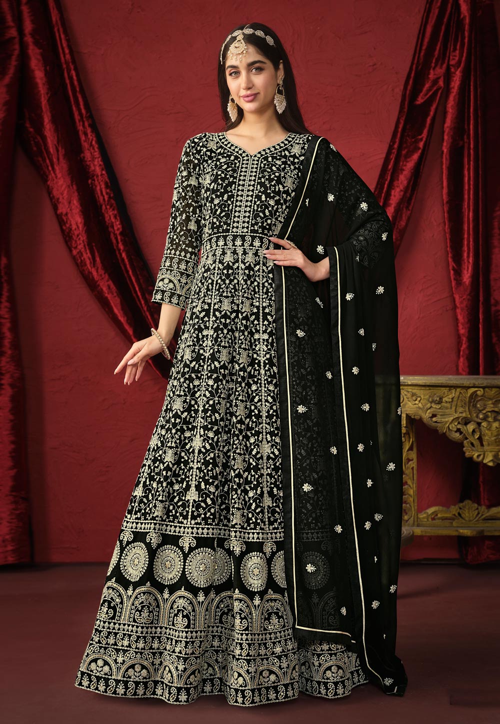 Black Faux Georgette Embroidered Floor Length Anarkali Suit 285665