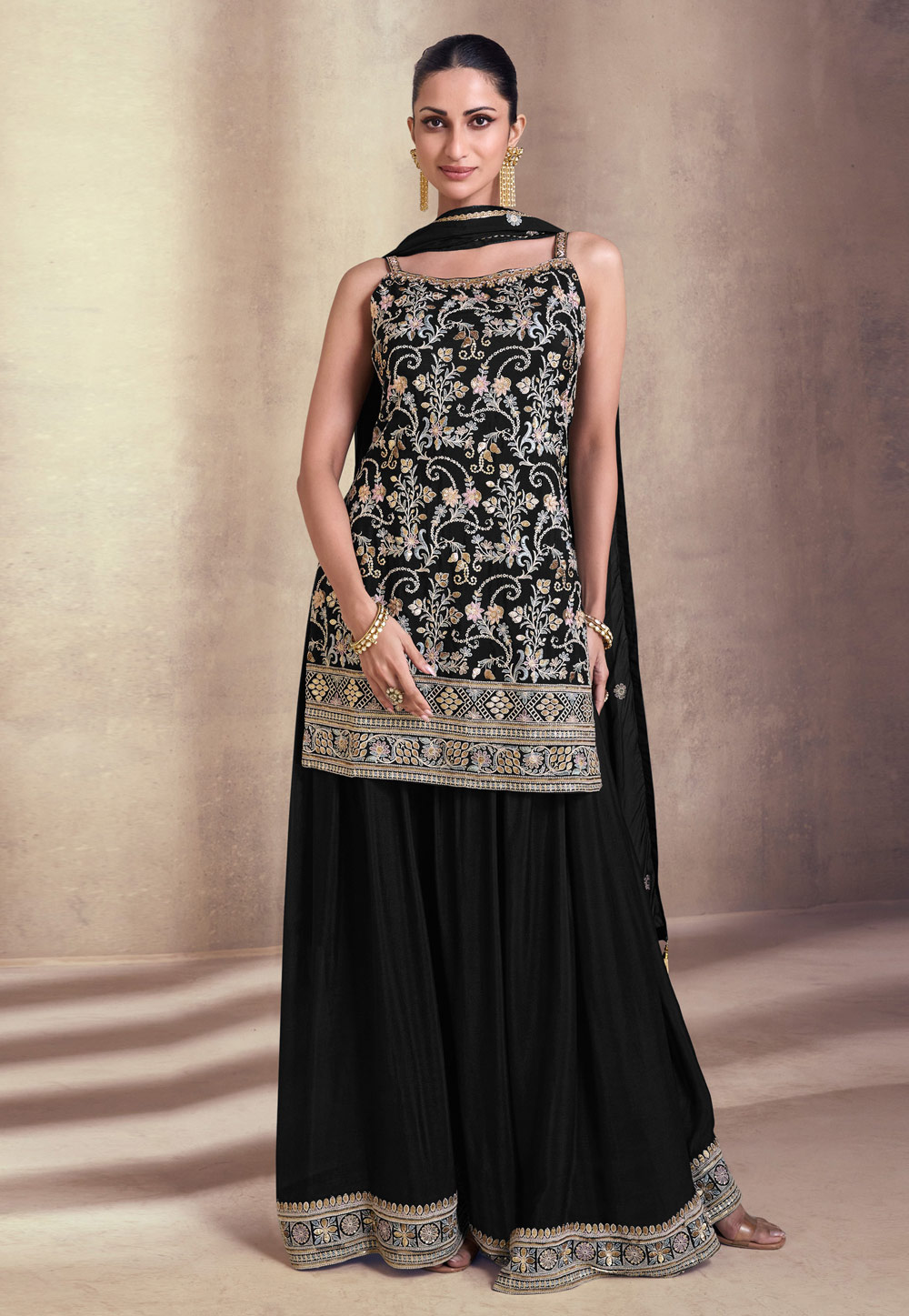Black Faux Georgette Embroidered Gharara Suit 285988