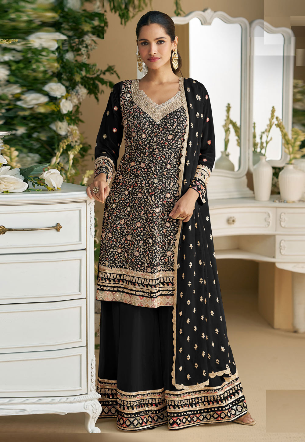 Black Faux Georgette Embroidered Pakistani Suit 310216