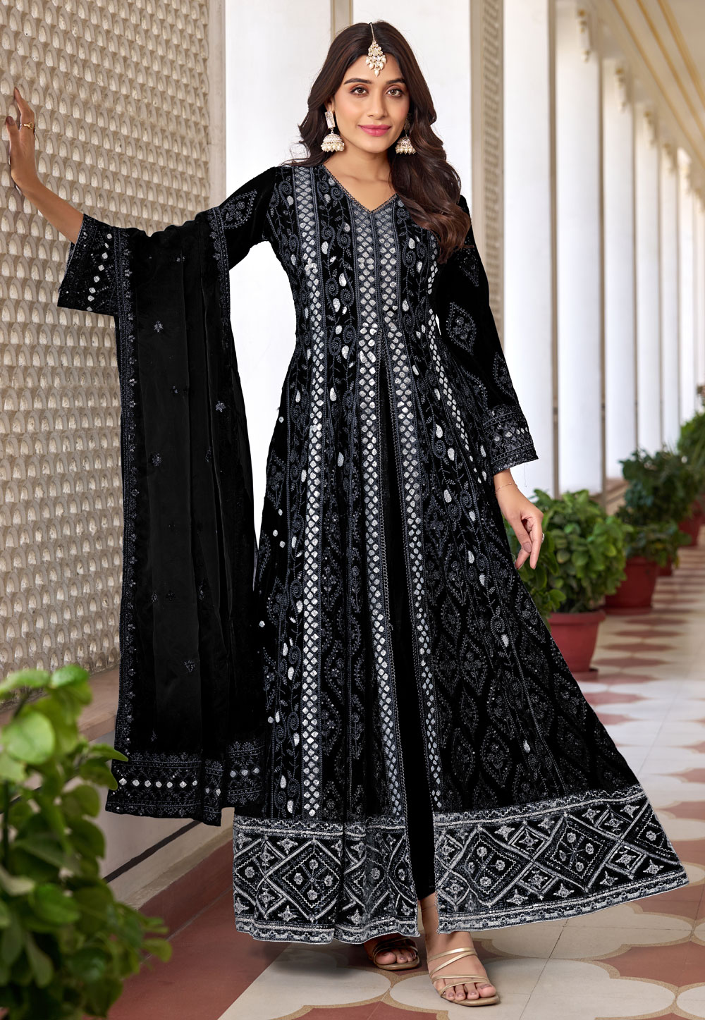 Black Faux Georgette Embroidered Pant Style Suit 279310