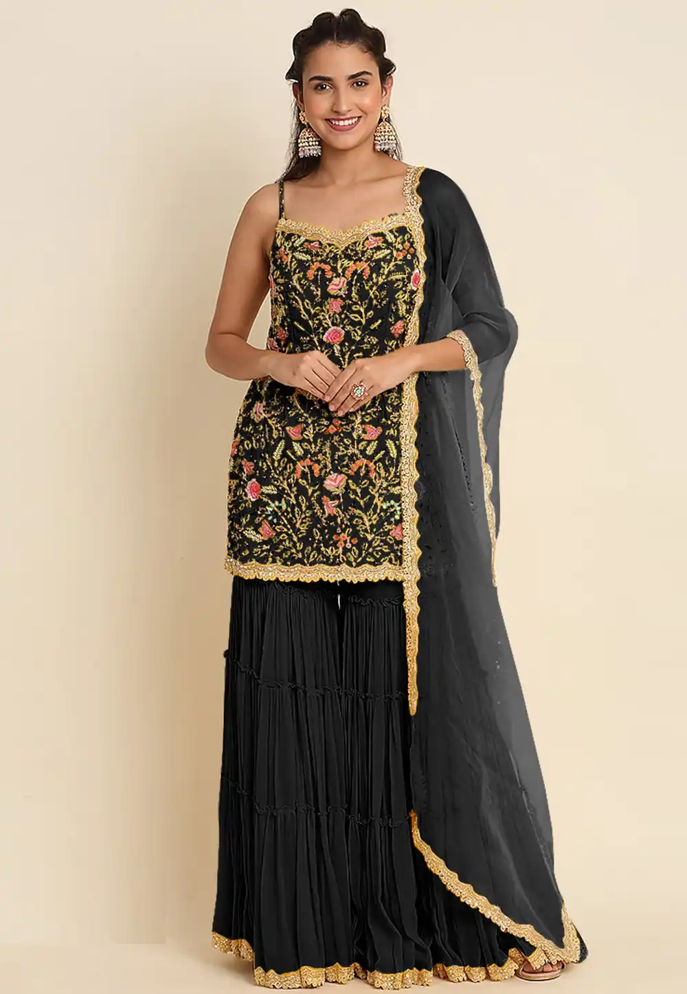 Black Faux Georgette Gharara Suit 291914