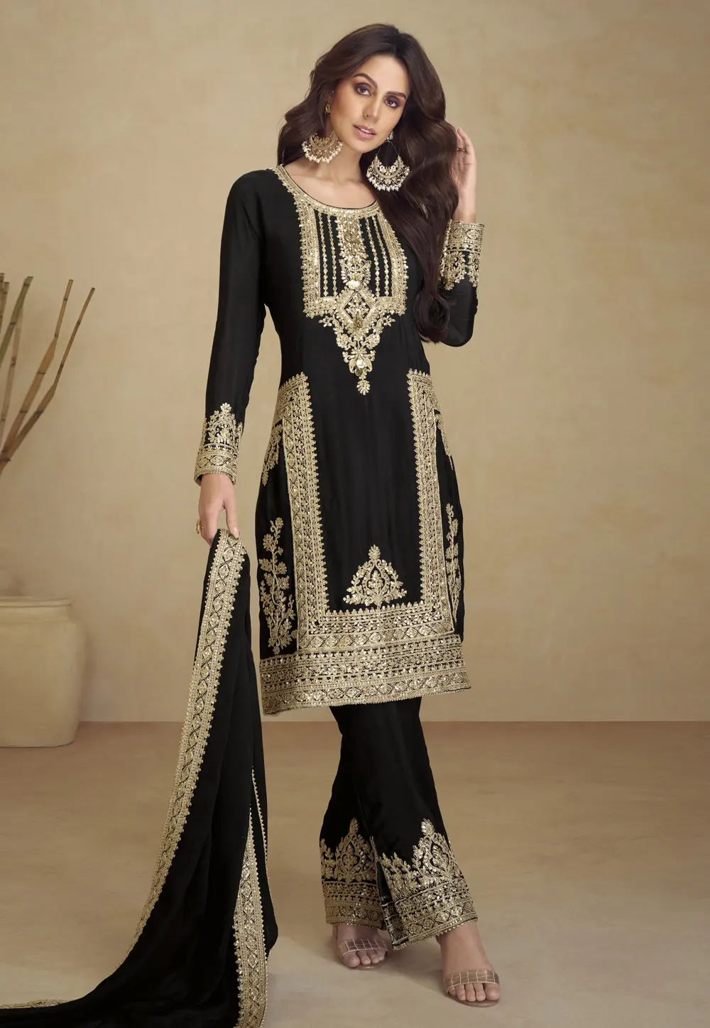 Black Faux Georgette Pant Style Suit 296161