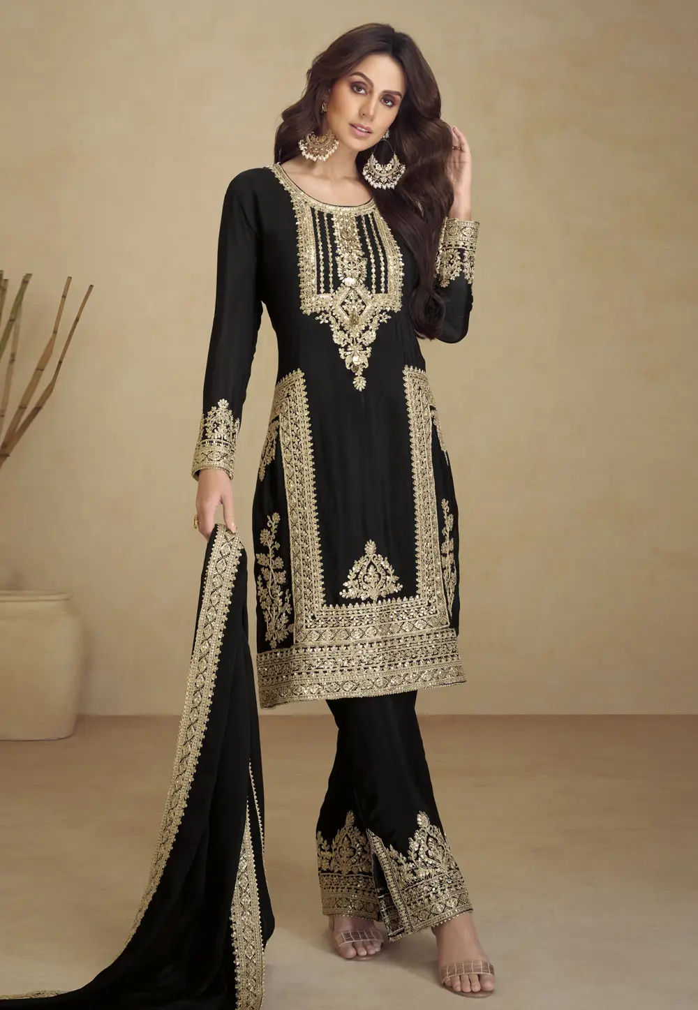 Black Faux Georgette Pant Style Suit 296161