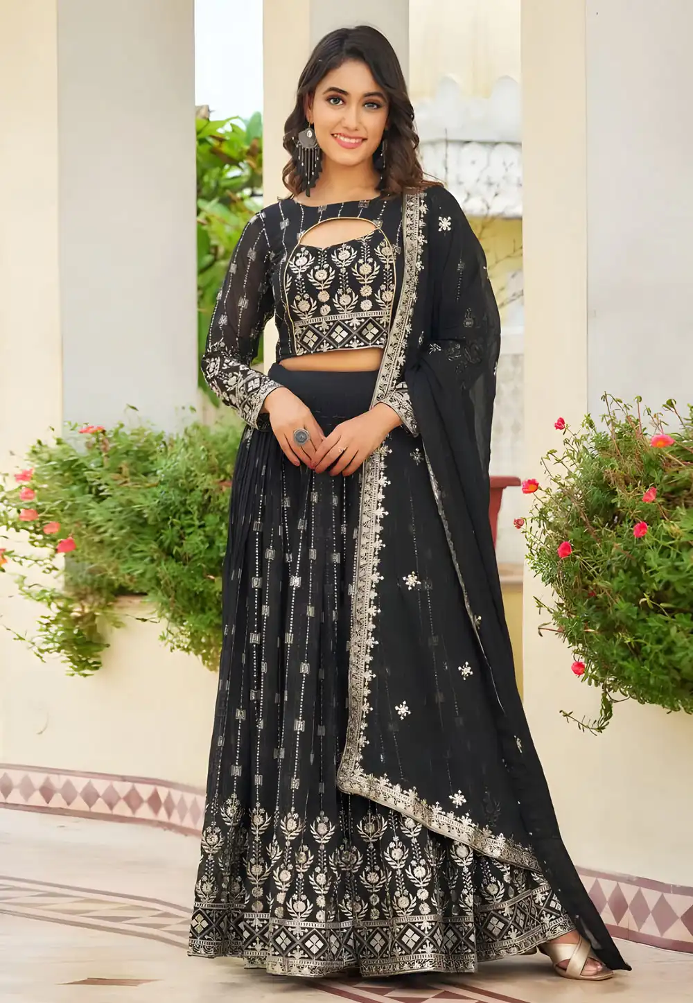 Black Faux Georgette Readymade A Line Lehenga Choli 294466