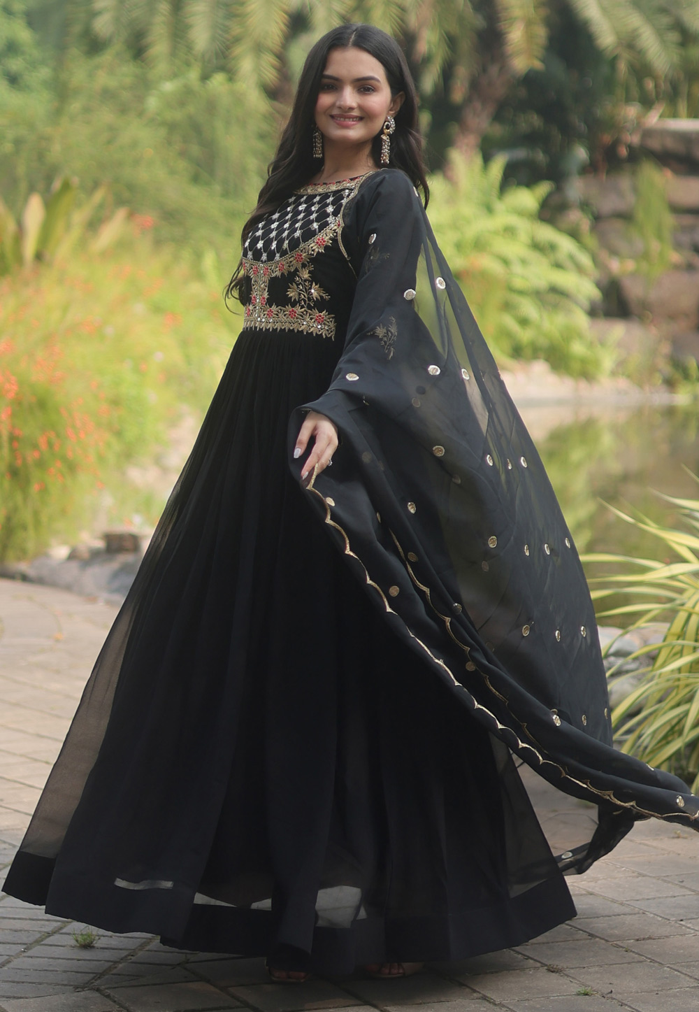 Black Faux Georgette Readymade Anarkali Dress