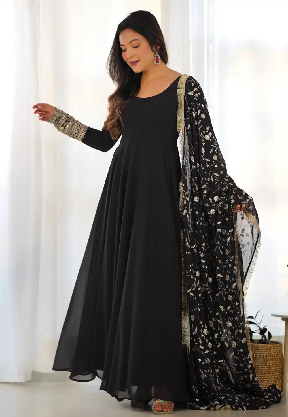 Black Faux Georgette Readymade Anarkali Suit 290030