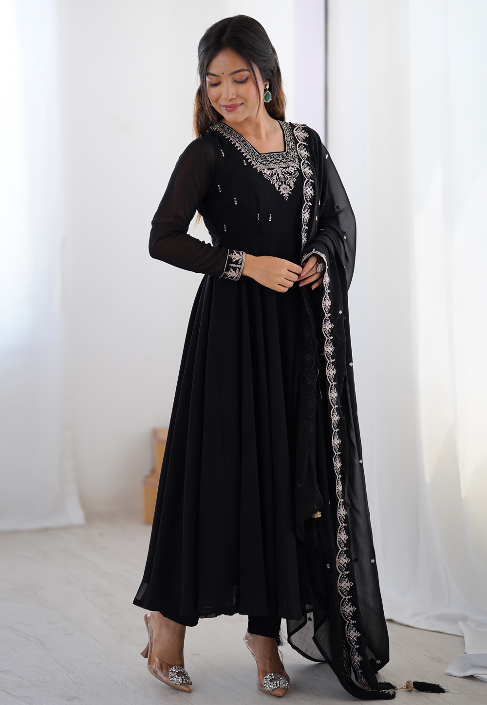 Black Faux Georgette Readymade Anarkali Suit 310776