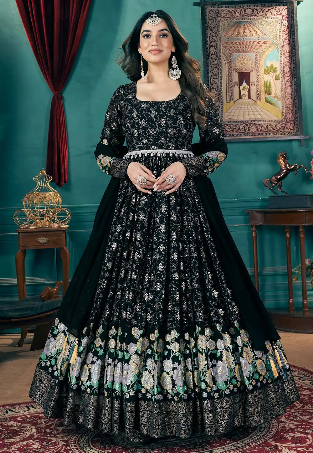 Black Faux Georgette Readymade Anarkali Suit 289010