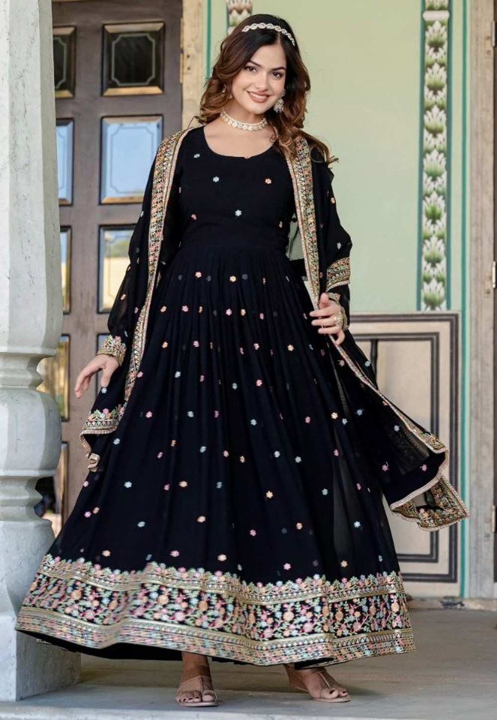 Black Faux Georgette Readymade Anarkali Suit 310253