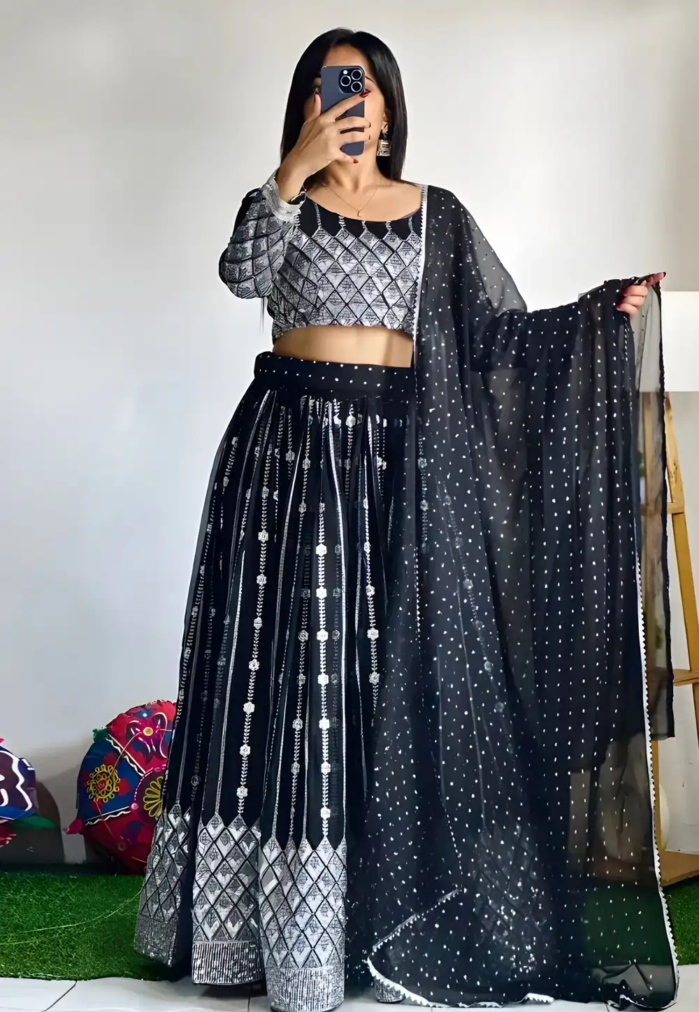 Black Faux Georgette Readymade Lehenga Choli 294694