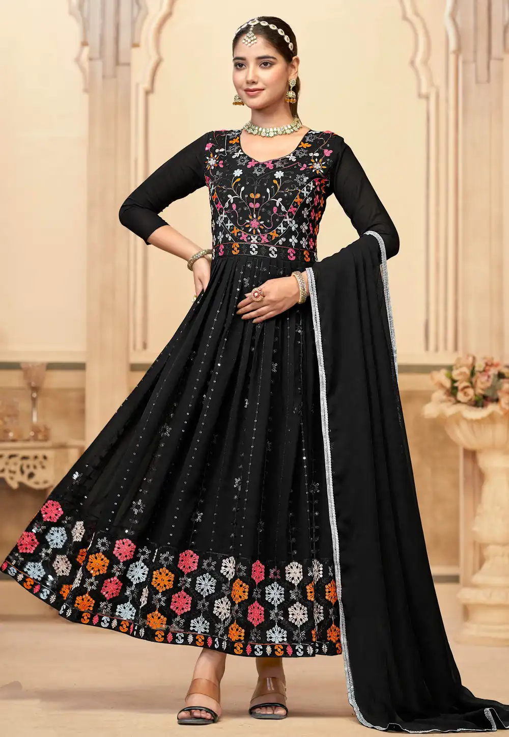 Black Faux Georgette Readymade Long Anarkali Suit 293137