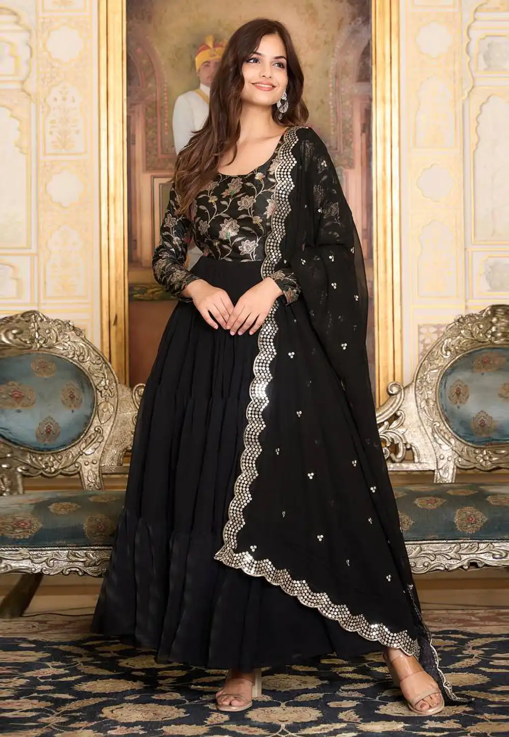 Black Faux Georgette Readymade Long Anarkali Suit 294455